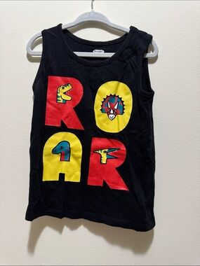 Old Navy Black Tank with Red & Yellow ROAR Dino Graphics